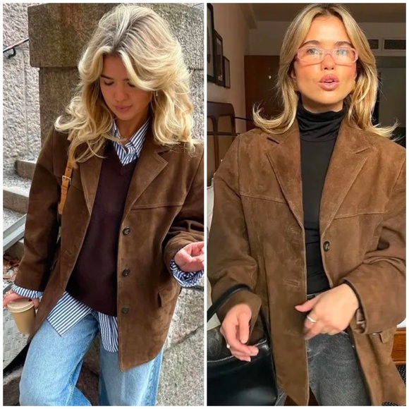 Faux Suede Brown Lapel Collar Button Up Oversized Jacket Blazer Small - Picture 2 of 14